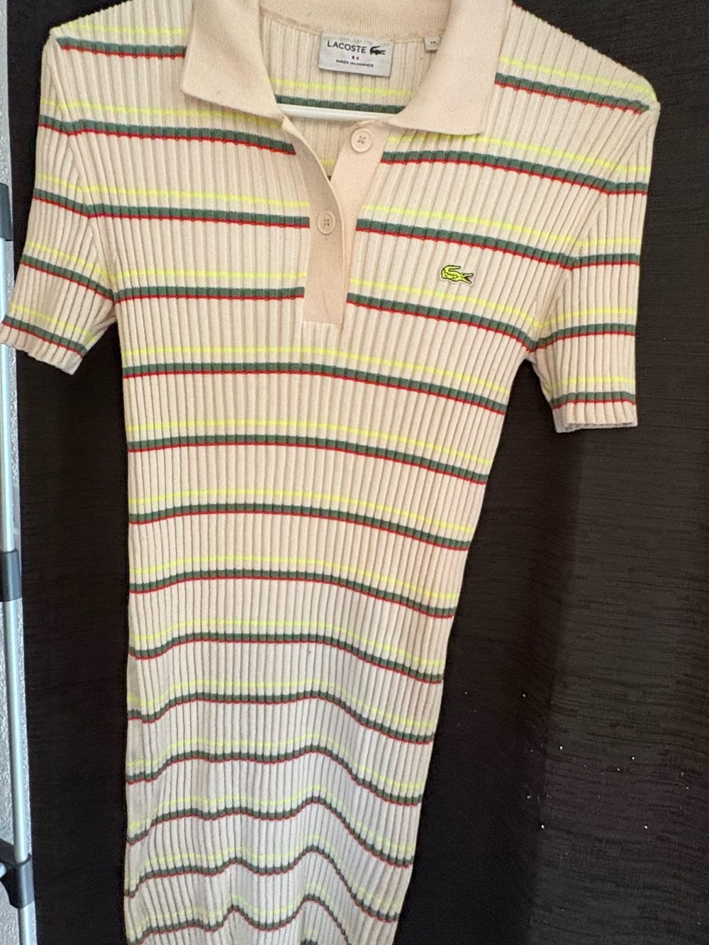 Lacoste Cream Ribbed Polo Midi Dress with Green, Red and Yellow Stripes